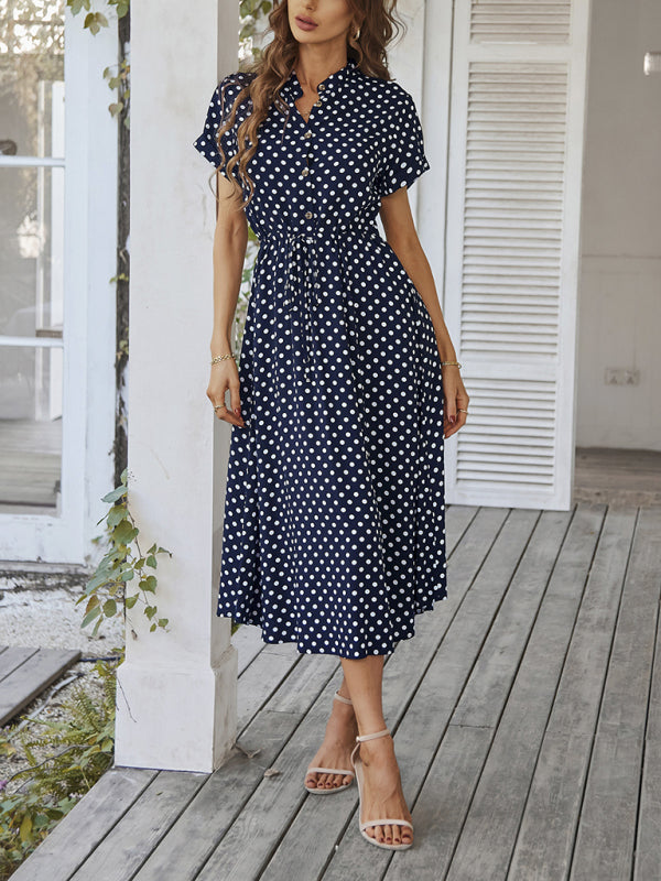 Women's All-Match Shirt Collar Polka Dot Waist Midi Dress