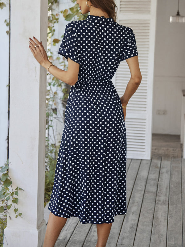 Women's All-Match Shirt Collar Polka Dot Waist Midi Dress