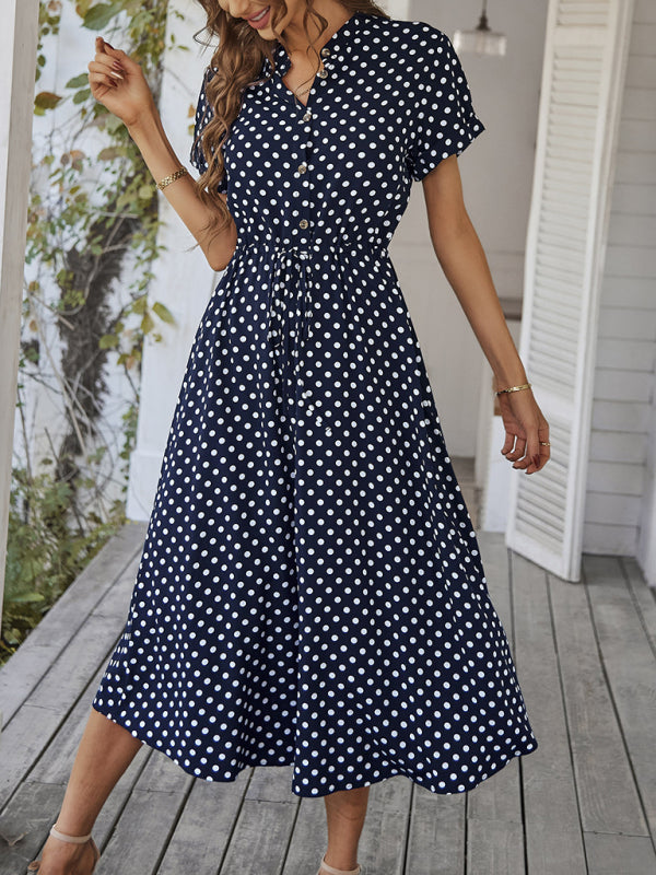 Women's All-Match Shirt Collar Polka Dot Waist Midi Dress