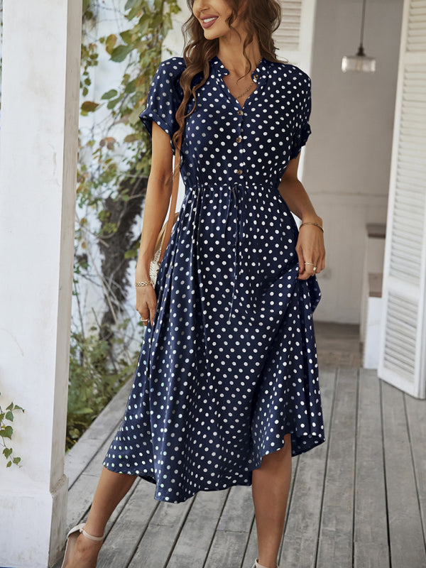 Women's All-Match Shirt Collar Polka Dot Waist Midi Dress