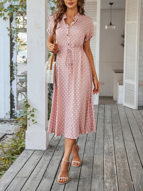 Women's All-Match Shirt Collar Polka Dot Waist Midi Dress