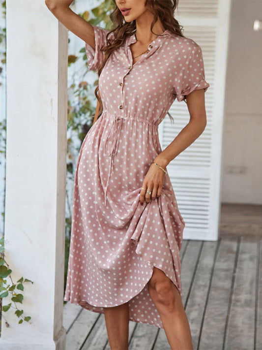 Women's All-Match Shirt Collar Polka Dot Waist Midi Dress