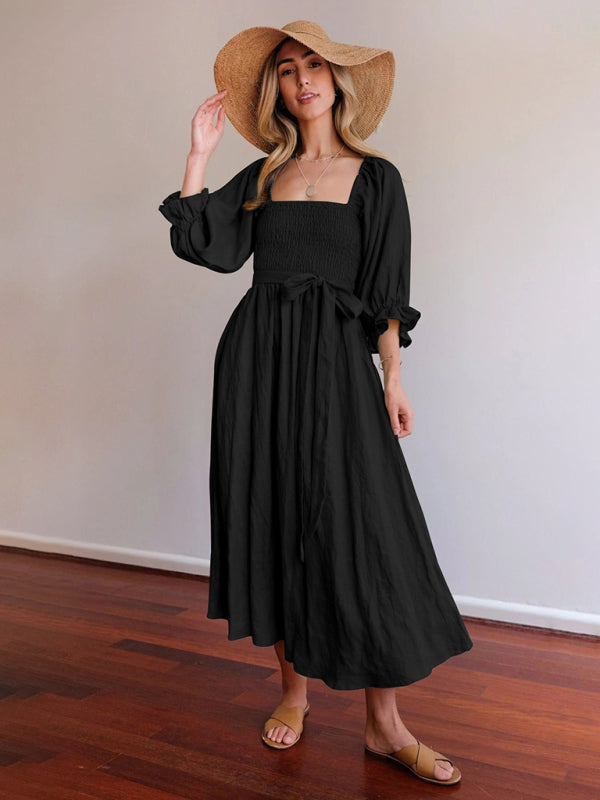 Style Rope Belt Ruffled Lantern Sleeve Maxi Dress