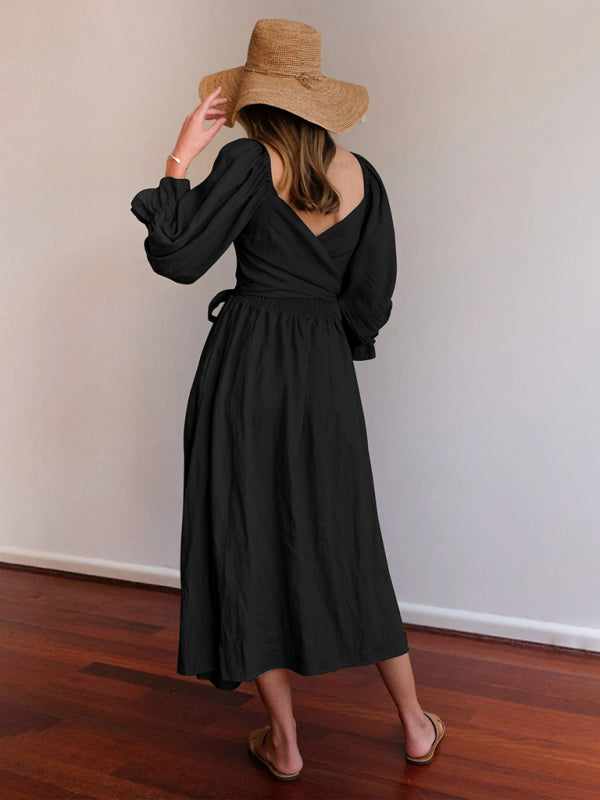 Style Rope Belt Ruffled Lantern Sleeve Maxi Dress