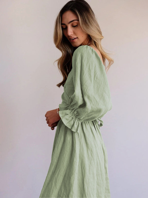 Style Rope Belt Ruffled Lantern Sleeve Maxi Dress