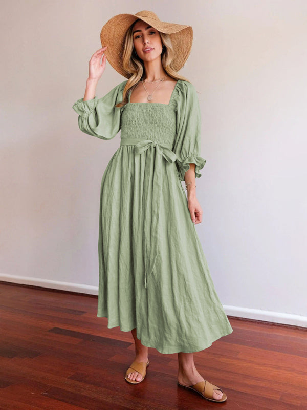 Style Rope Belt Ruffled Lantern Sleeve Maxi Dress