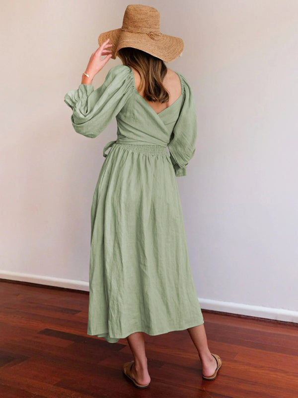 Style Rope Belt Ruffled Lantern Sleeve Maxi Dress