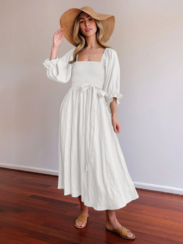 Style Rope Belt Ruffled Lantern Sleeve Maxi Dress