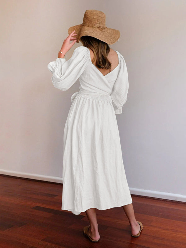 Style Rope Belt Ruffled Lantern Sleeve Maxi Dress