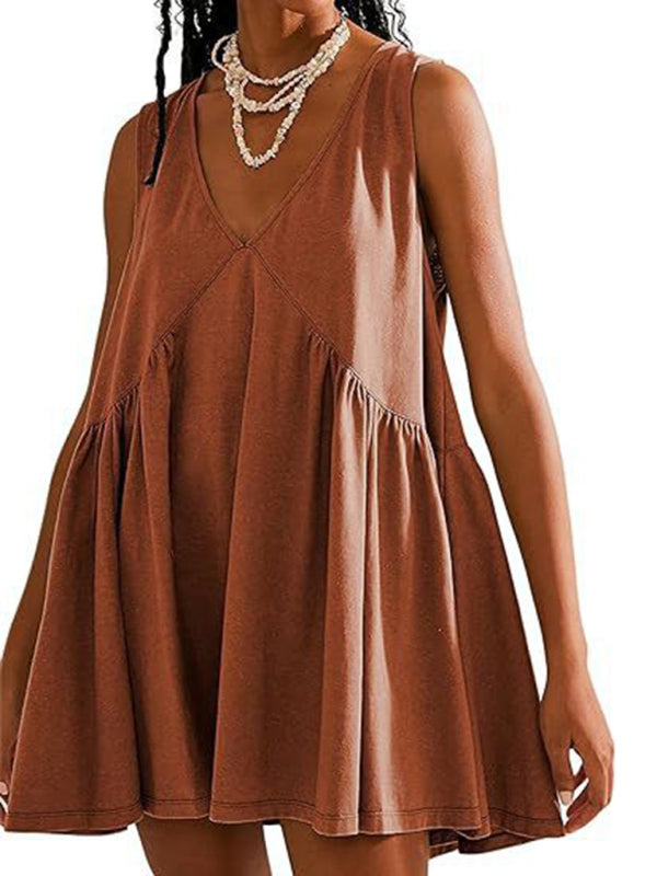 Mini V-neck Sleeveless Pleated Pocket Dress