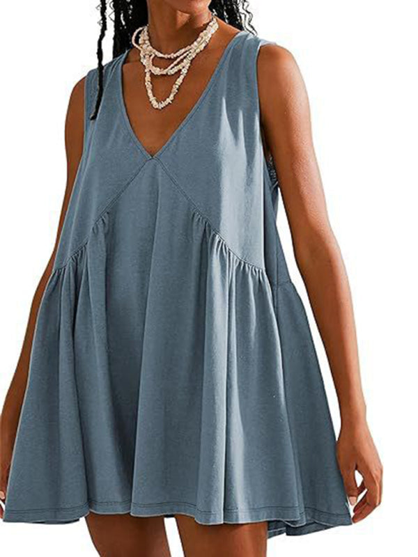 Mini V-neck Sleeveless Pleated Pocket Dress