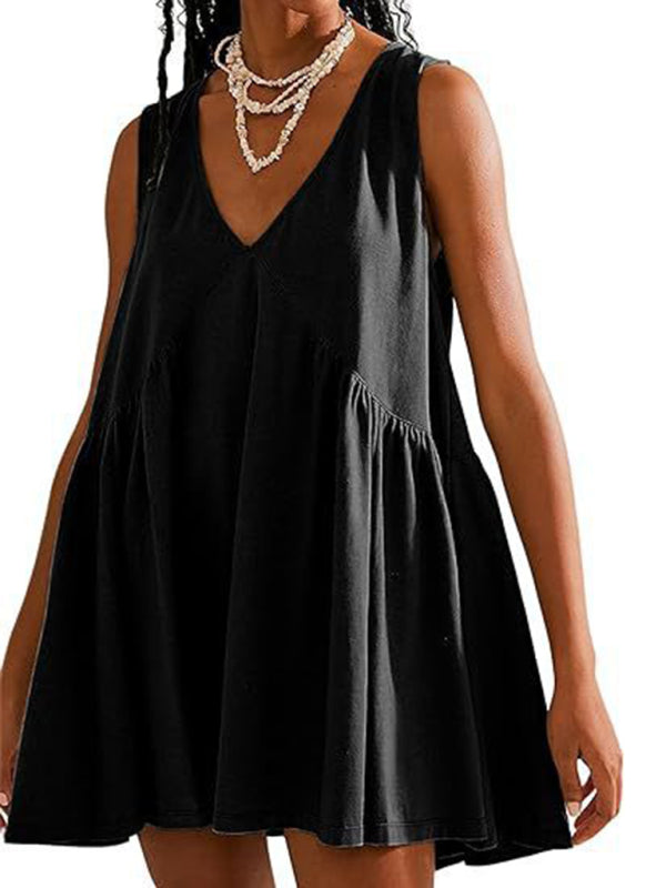 Mini V-neck Sleeveless Pleated Pocket Dress