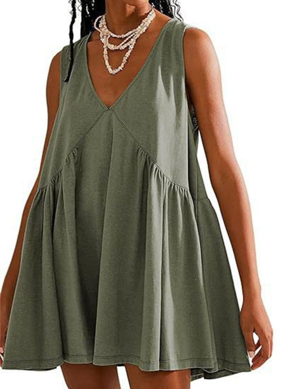 Mini V-neck Sleeveless Pleated Pocket Dress