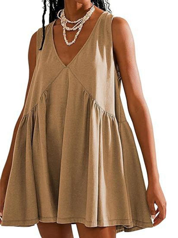 Mini V-neck Sleeveless Pleated Pocket Dress