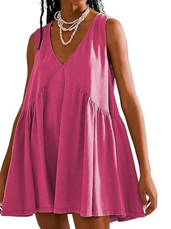 Mini V-neck Sleeveless Pleated Pocket Dress