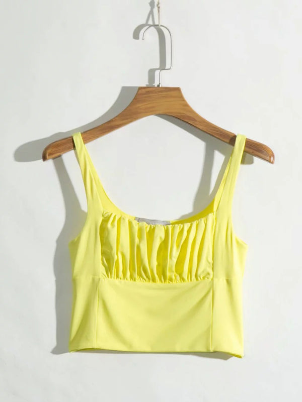 Retro Square Neck Pleated Cami Top