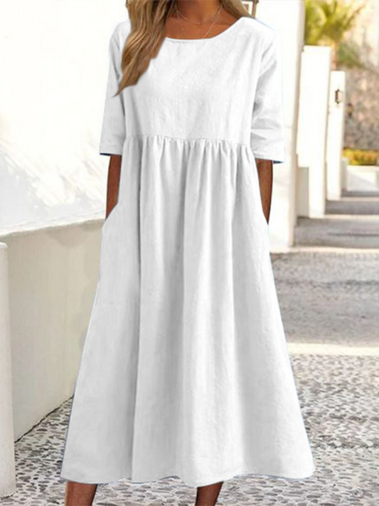 Round Neck Quarter Sleeves Casual Loose Long Solid Color Dress