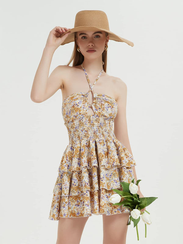 Floral Halter Neck Mini Ruffle Dress