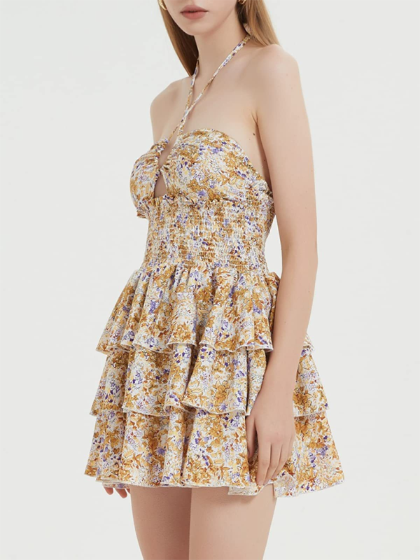 Floral Halter Neck Mini Ruffle Dress