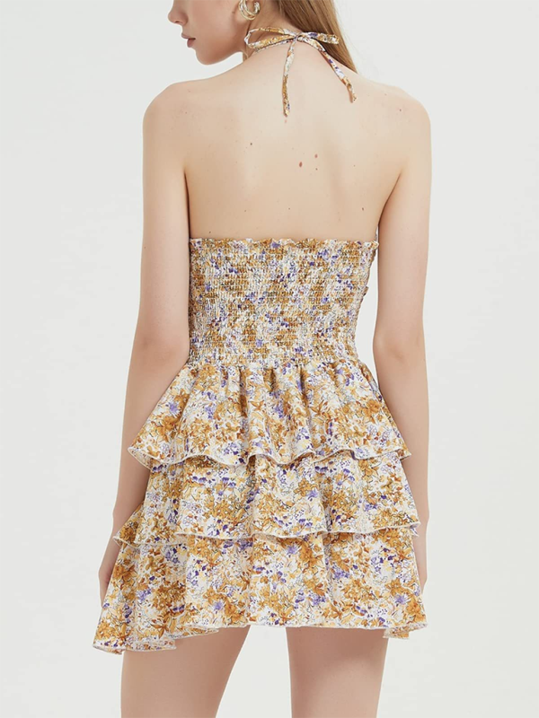 Floral Halter Neck Mini Ruffle Dress