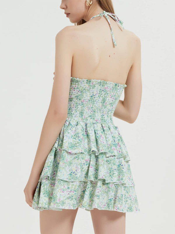 Floral Halter Neck Mini Ruffle Dress