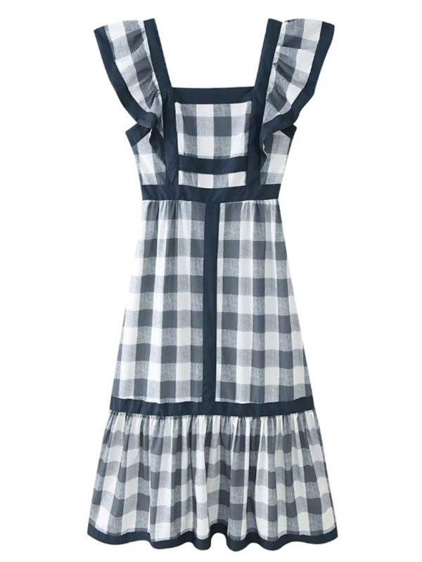 Square Neck Gingham Contrast Patchwork Dress