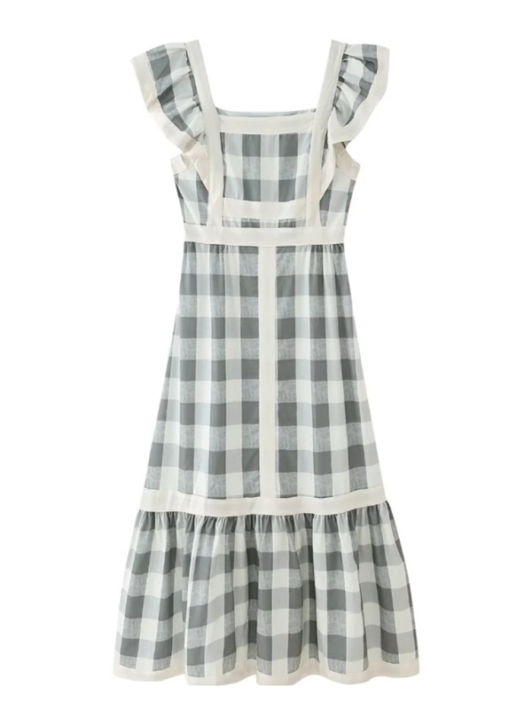 Square Neck Gingham Contrast Patchwork Dress