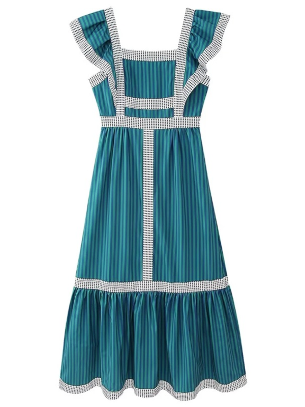 Square Neck Gingham Contrast Patchwork Dress