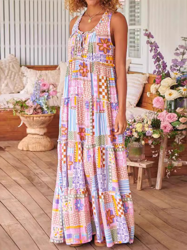 Ladies Patchwork Printed Round Neck Maxi Dress