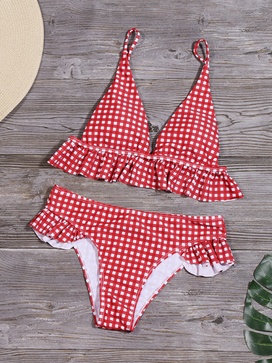 Plaid Bikini Ruffled Swimsuit Gathered Two-Piece Swimsuit