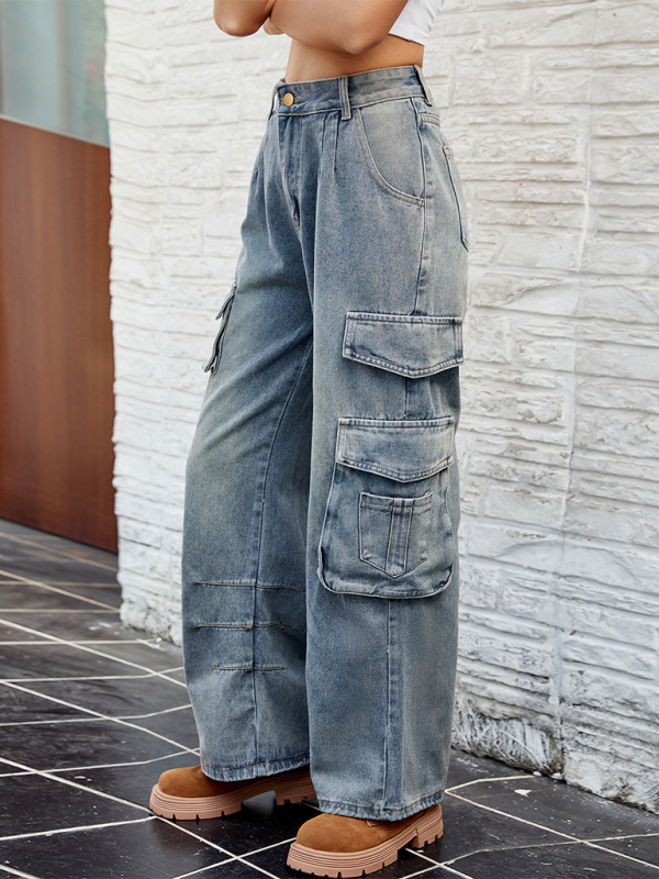 Washed Semi-Elasticated Loose Denim Cargo Jeans