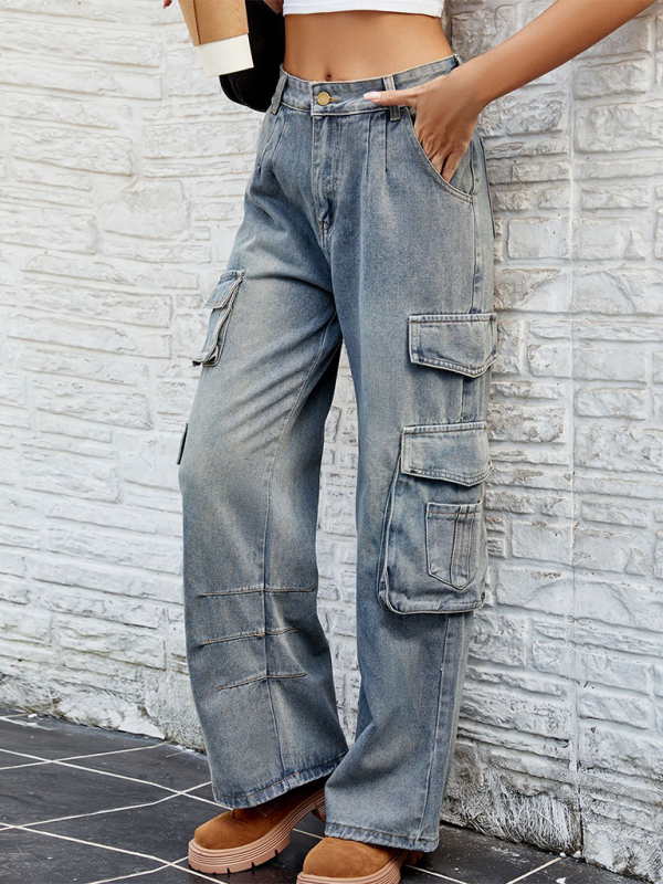 Washed Semi-Elasticated Loose Denim Cargo Jeans