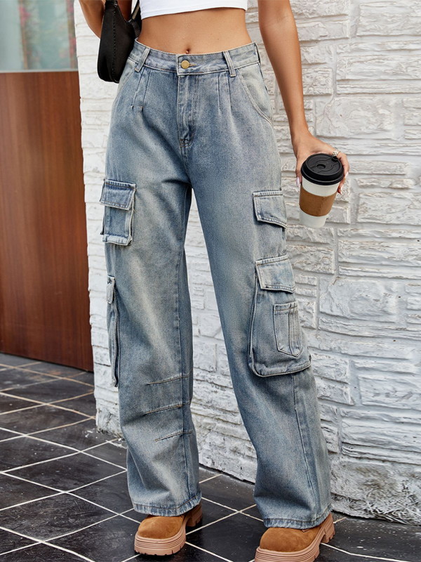 Washed Semi-Elasticated Loose Denim Cargo Jeans