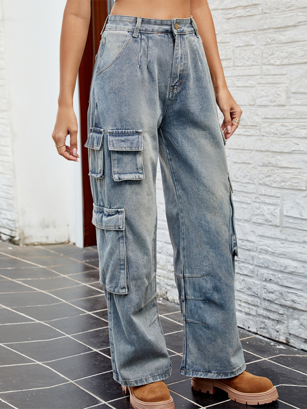 Washed Semi-Elasticated Loose Denim Cargo Jeans