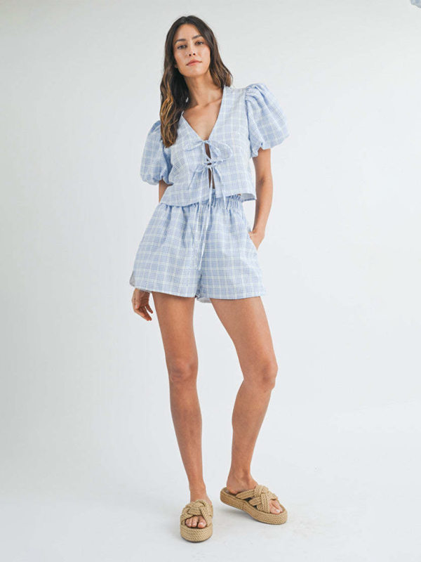 V-neck Tie Bow Puff Sleeve Top Casual Shorts Plaid Set