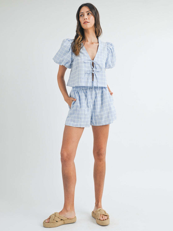 V-neck Tie Bow Puff Sleeve Top Casual Shorts Plaid Set