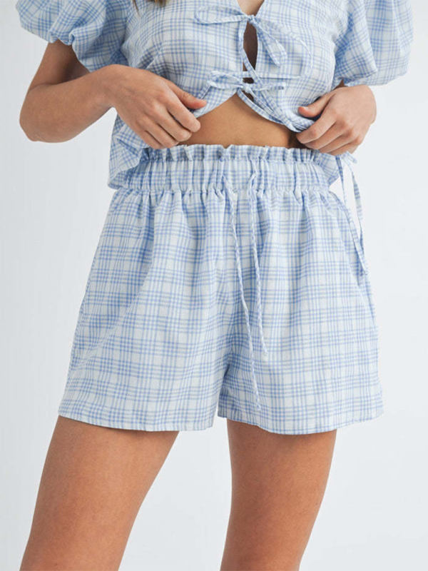 V-neck Tie Bow Puff Sleeve Top Casual Shorts Plaid Set