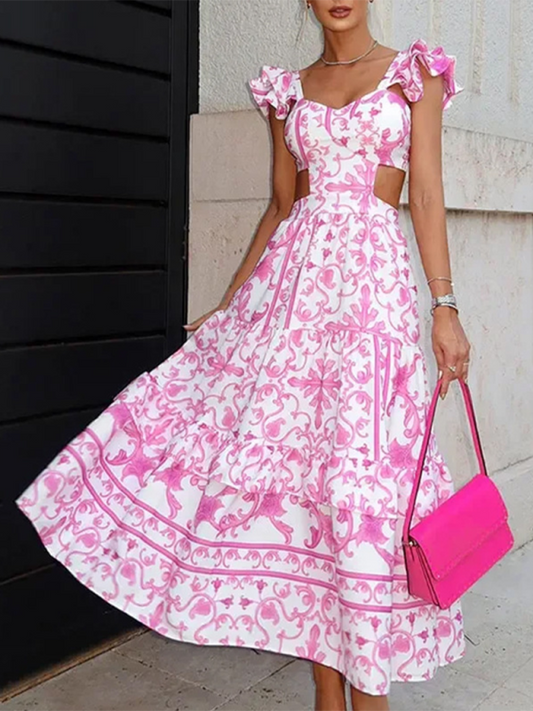 Floral Print Cutout Women's Hollow Dress