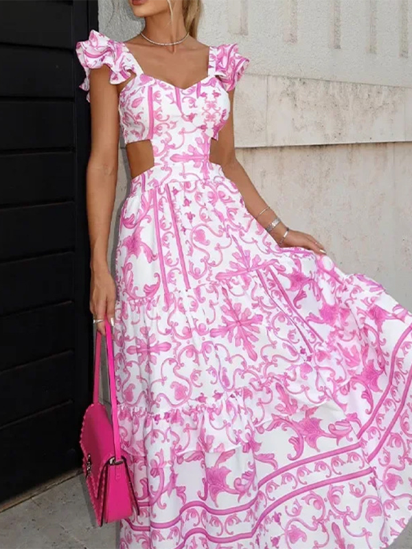 Floral Print Cutout Women's Hollow Dress