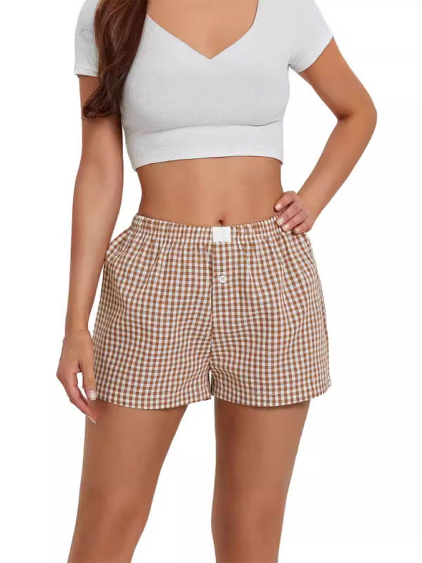 Women's Casual Comfort High Waist Loose Wide Leg Vintage Plaid Shorts