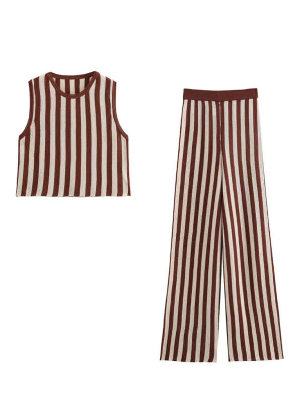 Women's Fashion Knitted Striped Sleeveless Vest/Trousers Set