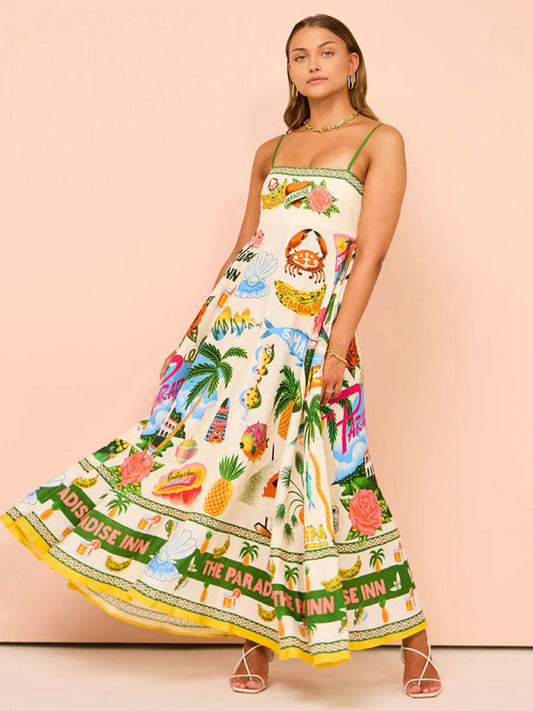 Sexy Vacation Ocean Printed Sling Swing Dress