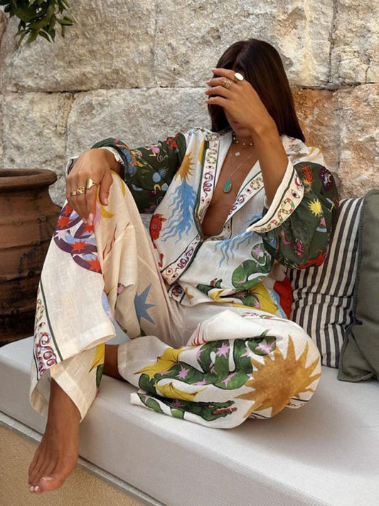 Fashion Boho Printed Long Sleeve Shirt Set