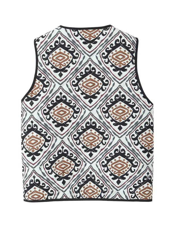 Ladies New Retro Printed Patch Pocket Quilted Cotton Vest