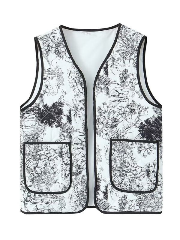 Ladies New Retro Printed Patch Pocket Quilted Cotton Vest