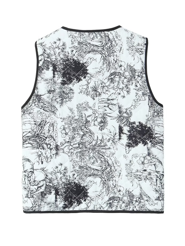 Ladies New Retro Printed Patch Pocket Quilted Cotton Vest