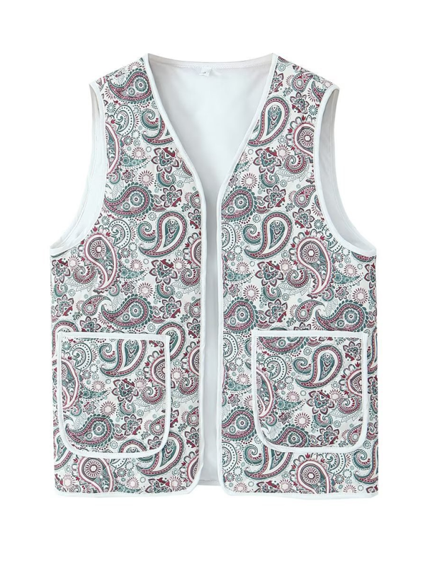 Ladies New Retro Printed Patch Pocket Quilted Cotton Vest