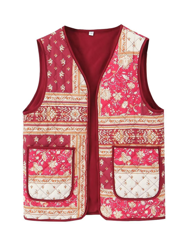 Ladies New Retro Printed Patch Pocket Quilted Cotton Vest