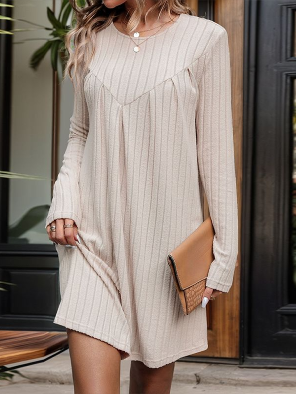 Brushed Striped Knitted Long Sleeve Pleated Dress