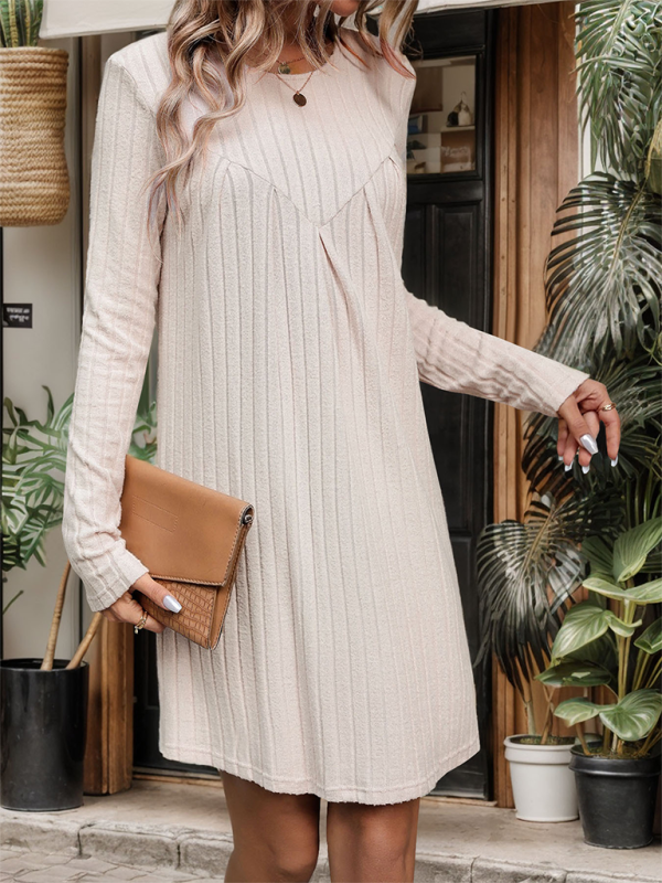 Brushed Striped Knitted Long Sleeve Pleated Dress